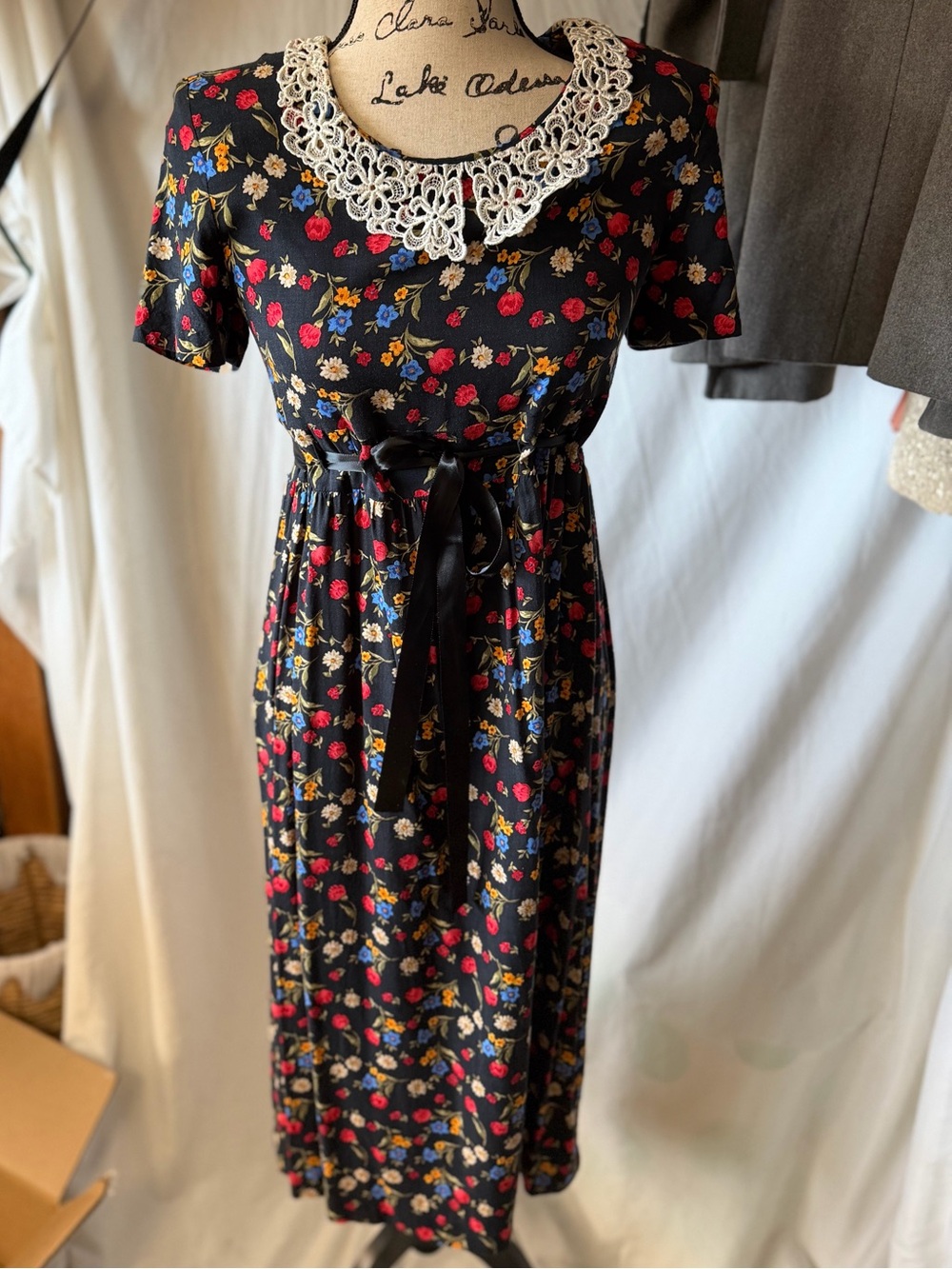 Vintage 80’s Black Floral Midi Dress with Lace Collar and Satin Waist Tie